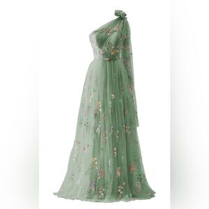 Elegant One Shoulder Floral Gown in Green
